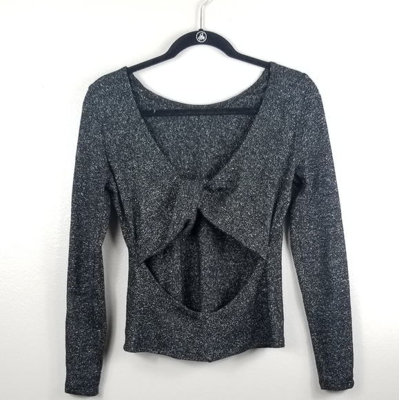 Black White Shiny Long Sleeve Exposed Midriff Top - Picture 1 of 5